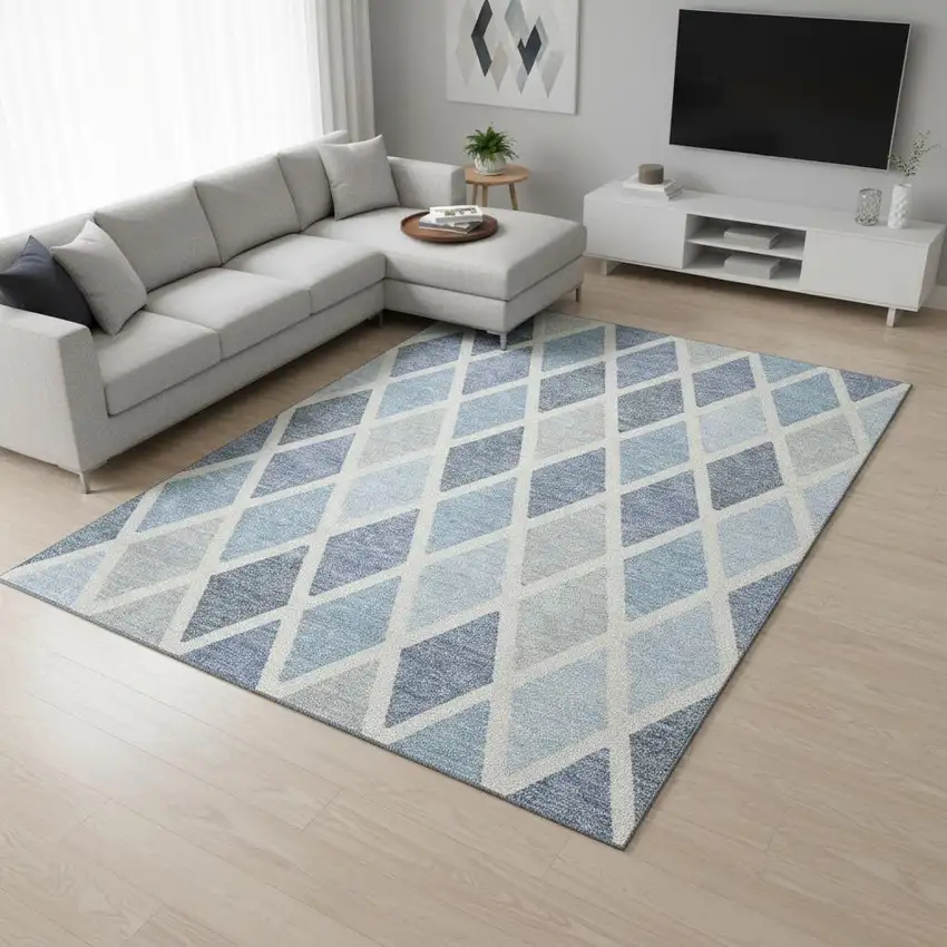 Sky Blue And Ivory Geometric Washable Area Rug With UV Protection Photo 2