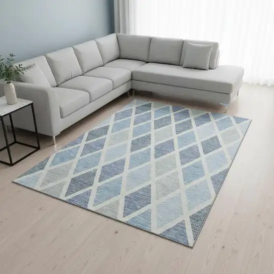 Sky Blue And Ivory Geometric Washable Area Rug With UV Protection Photo 2