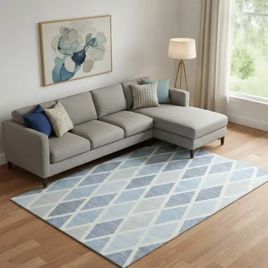 Sky Blue And Ivory Geometric Washable Area Rug With UV Protection Photo 1