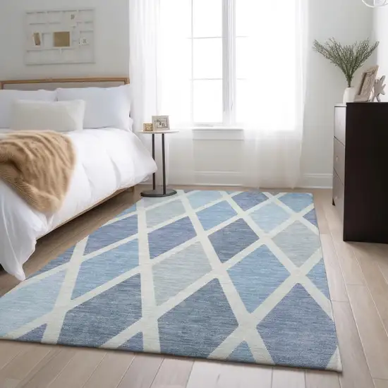 Sky Blue And Ivory Geometric Washable Area Rug With UV Protection Photo 5