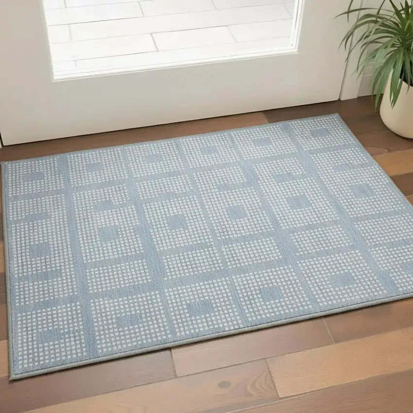 Sky Blue And Ivory Geometric Washable Area Rug With UV Protection Photo 2