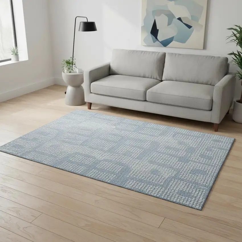 Sky Blue And Ivory Geometric Washable Area Rug With UV Protection Photo 2