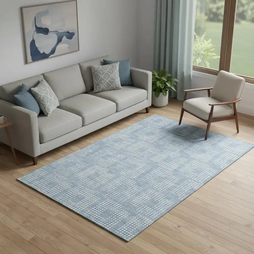 Sky Blue And Ivory Geometric Washable Area Rug With UV Protection Photo 1