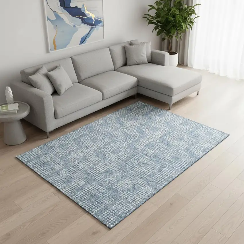 Sky Blue And Ivory Geometric Washable Area Rug With UV Protection Photo 2
