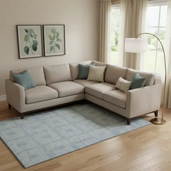 Sky Blue And Ivory Geometric Washable Area Rug With UV Protection Photo 1