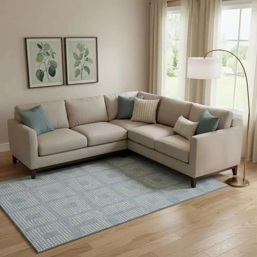 Sky Blue And Ivory Geometric Washable Area Rug With UV Protection Photo 1