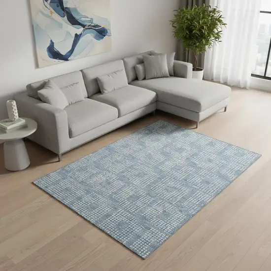 Sky Blue And Ivory Geometric Washable Area Rug With UV Protection Photo 2