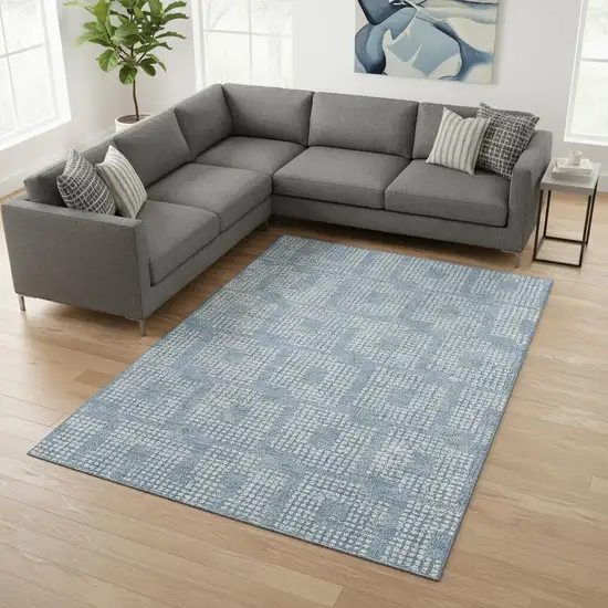 Sky Blue And Ivory Geometric Washable Area Rug With UV Protection Photo 2