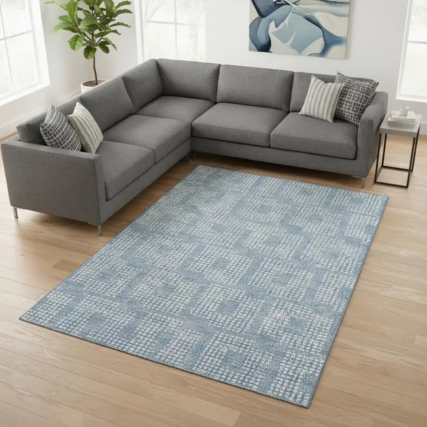 Sky Blue And Ivory Geometric Washable Area Rug With UV Protection Photo 2
