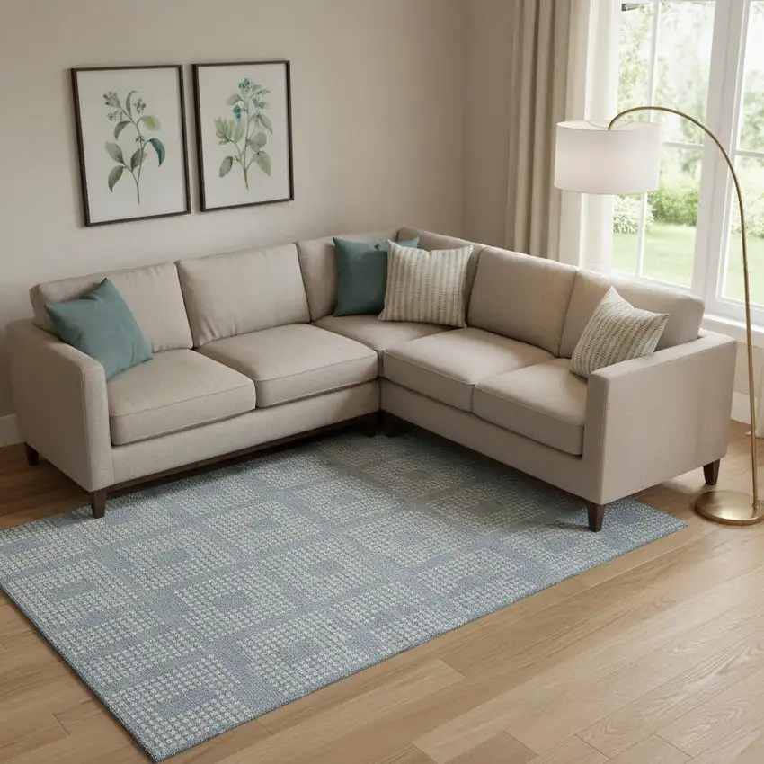 Sky Blue And Ivory Geometric Washable Area Rug With UV Protection Photo 1