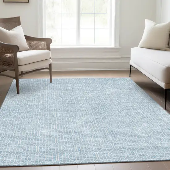 Sky Blue And Ivory Geometric Washable Area Rug With UV Protection Photo 5