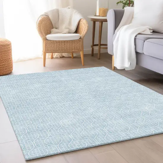Sky Blue And Ivory Geometric Washable Area Rug With UV Protection Photo 4