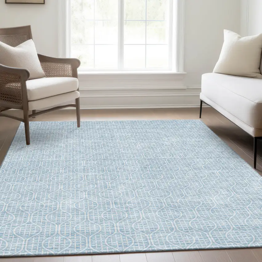 Sky Blue And Ivory Geometric Washable Area Rug With UV Protection Photo 6