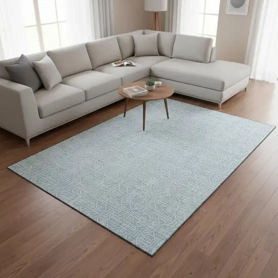 Sky Blue And Ivory Geometric Washable Area Rug With UV Protection Photo 2