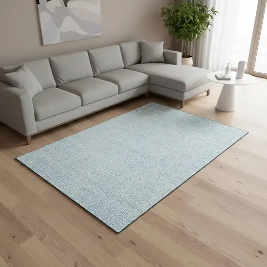 Sky Blue And Ivory Geometric Washable Area Rug With UV Protection Photo 2
