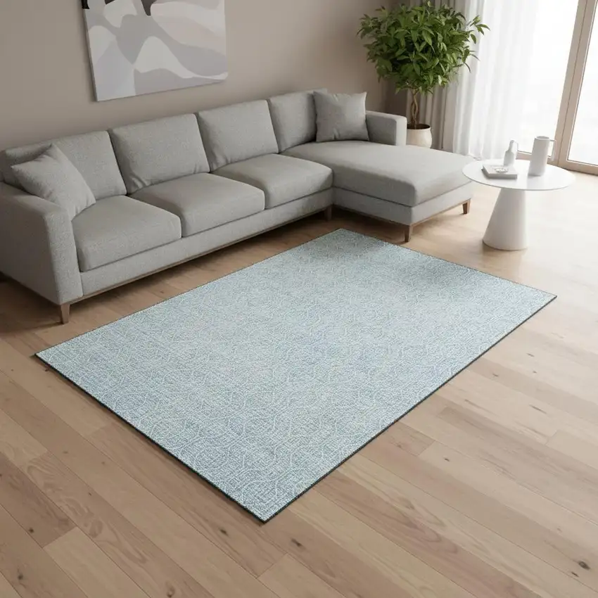 Sky Blue And Ivory Geometric Washable Area Rug With UV Protection Photo 2