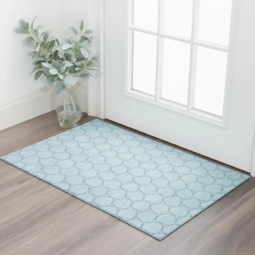 Sky Blue And Ivory Geometric Washable Area Rug With UV Protection Photo 2