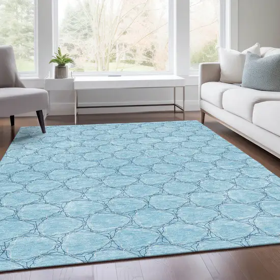Sky Blue And Ivory Geometric Washable Area Rug With UV Protection Photo 5