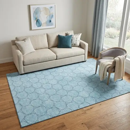 Sky Blue And Ivory Geometric Washable Area Rug With UV Protection Photo 1