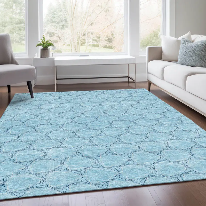 Sky Blue And Ivory Geometric Washable Area Rug With UV Protection Photo 4