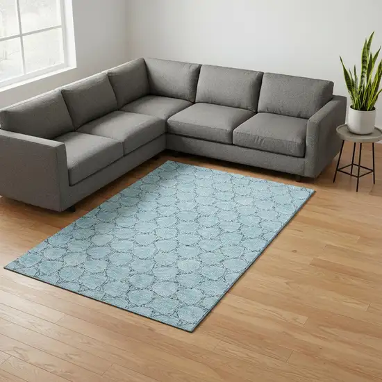 Sky Blue And Ivory Geometric Washable Area Rug With UV Protection Photo 2