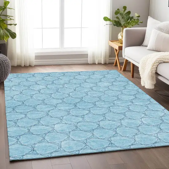 Sky Blue And Ivory Geometric Washable Area Rug With UV Protection Photo 3