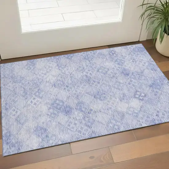Sky Blue And Ivory Geometric Washable Area Rug With UV Protection Photo 1