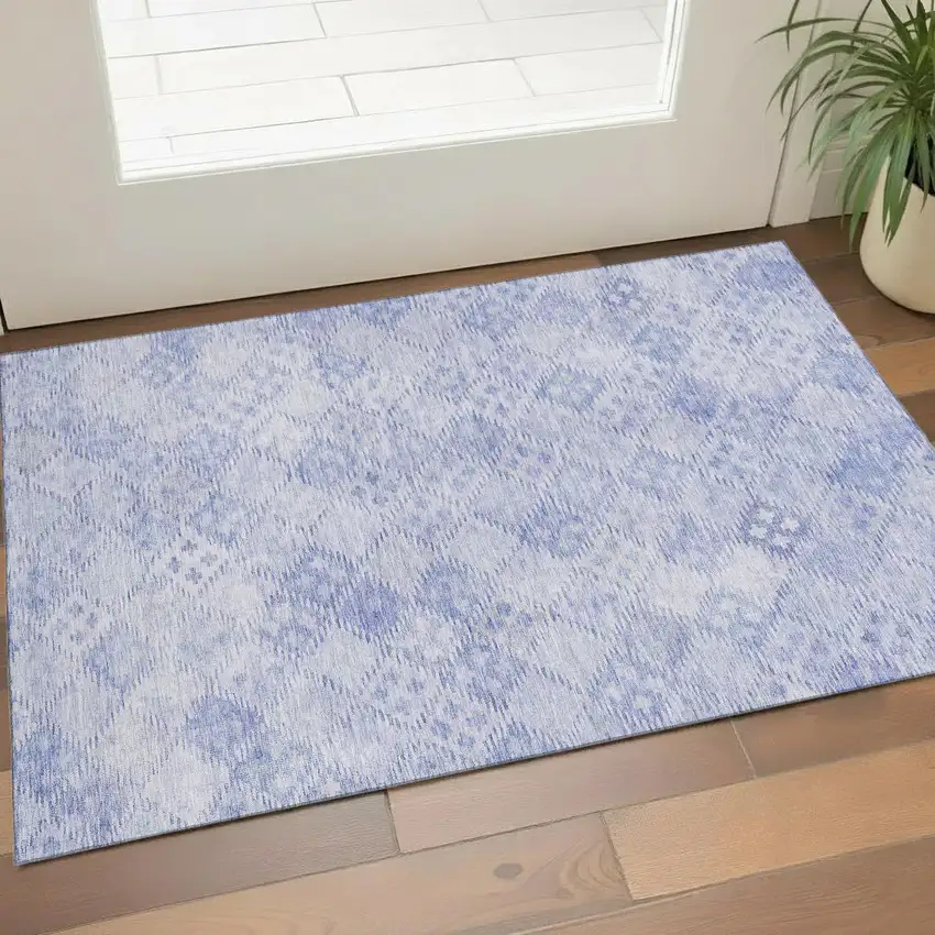 Sky Blue And Ivory Geometric Washable Area Rug With UV Protection Photo 1