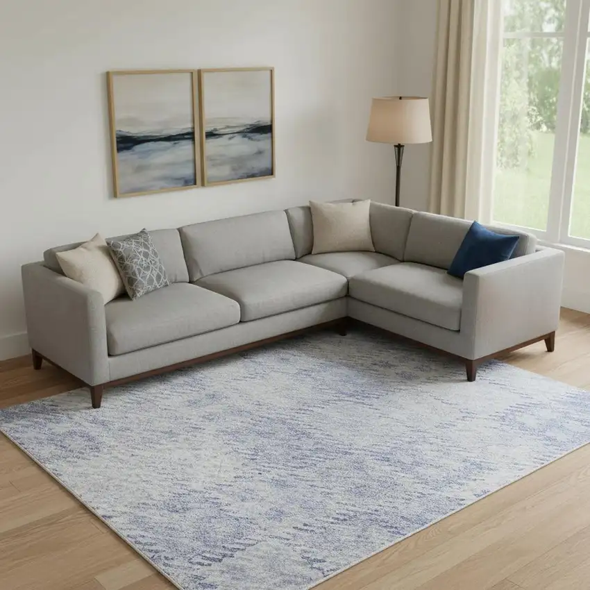 Sky Blue And Ivory Geometric Washable Area Rug With UV Protection Photo 2