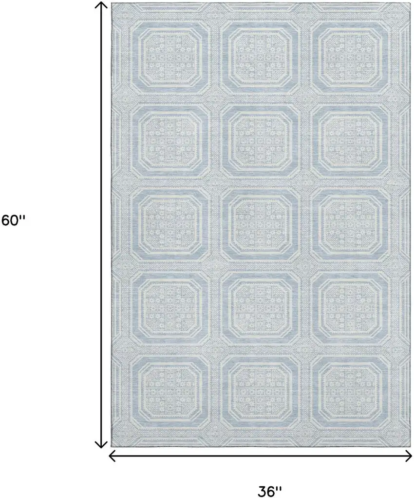 Sky Blue And Ivory Geometric Washable Area Rug With UV Protection Photo 3