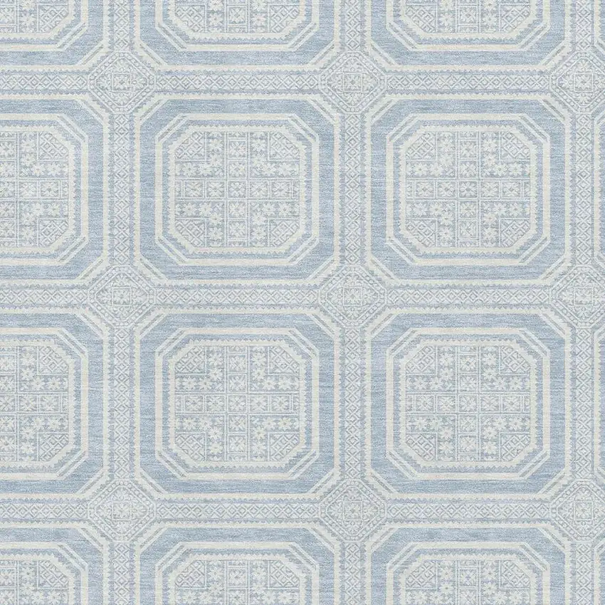 Sky Blue And Ivory Geometric Washable Area Rug With UV Protection Photo 2