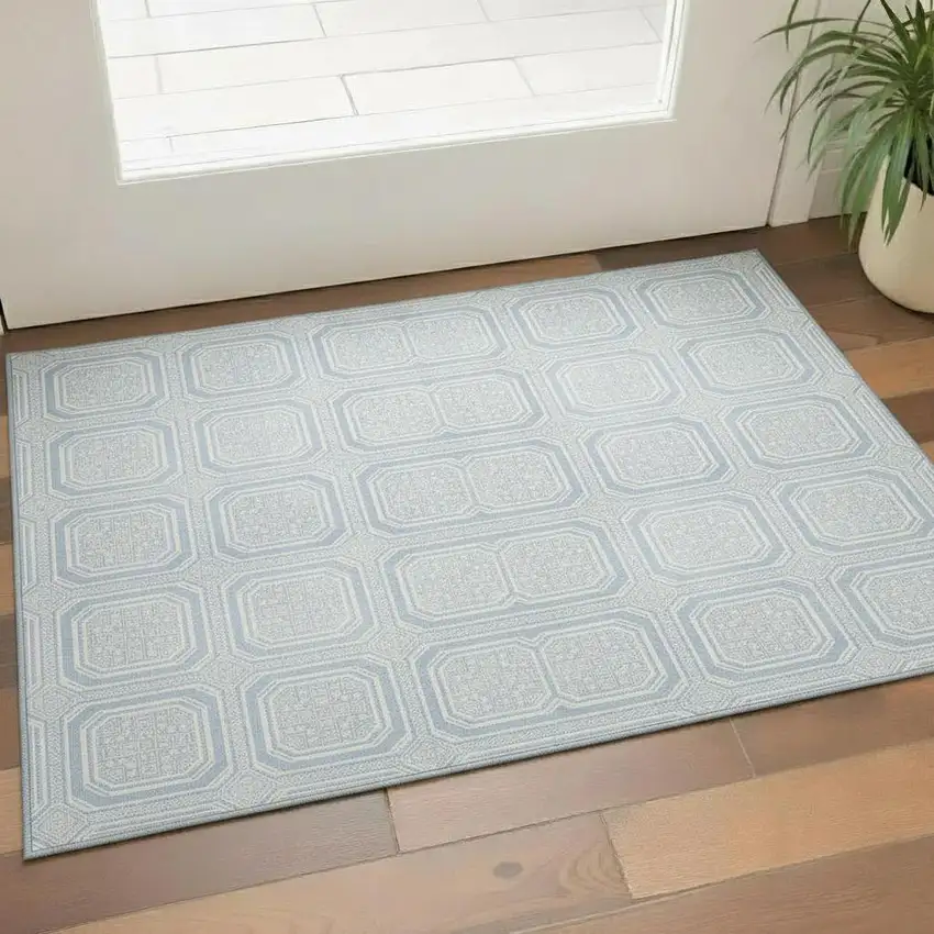 Sky Blue And Ivory Geometric Washable Area Rug With UV Protection Photo 2