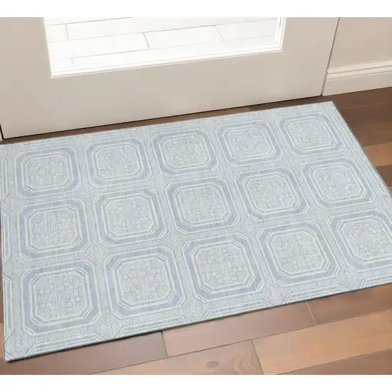 Sky Blue And Ivory Geometric Washable Area Rug With UV Protection Photo 1