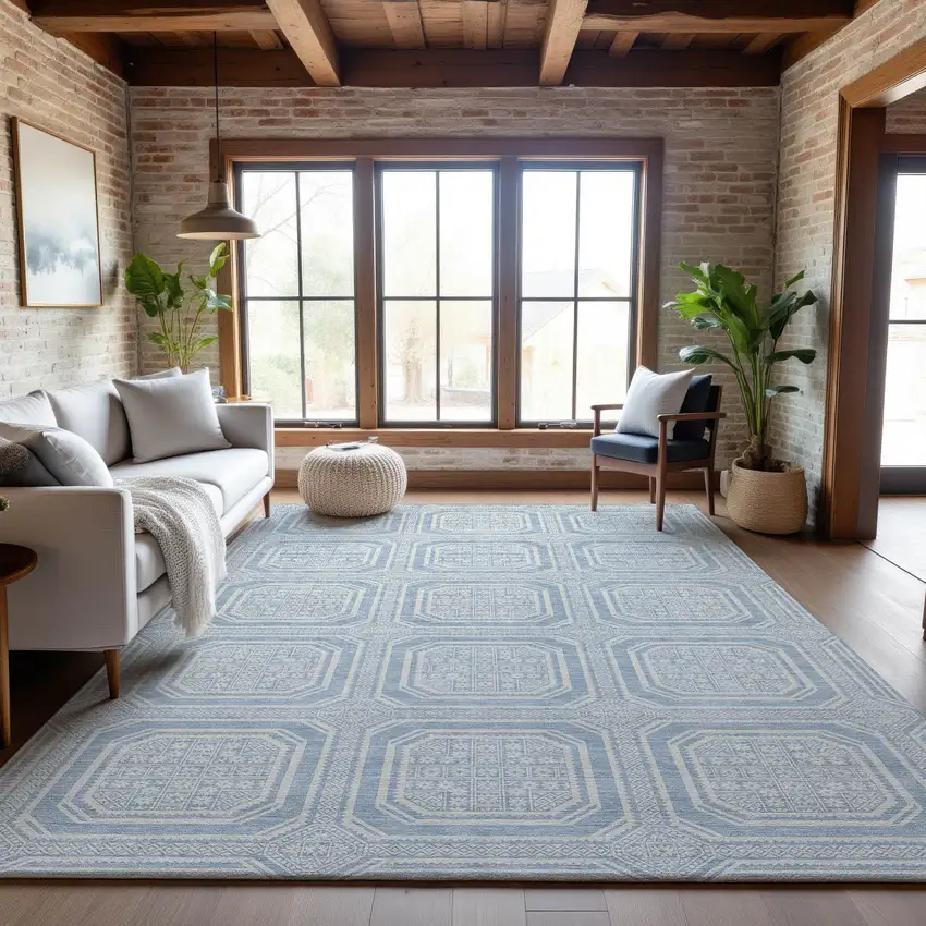 Sky Blue And Ivory Geometric Washable Area Rug With UV Protection Photo 5