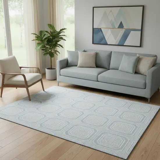 Sky Blue And Ivory Geometric Washable Area Rug With UV Protection Photo 2