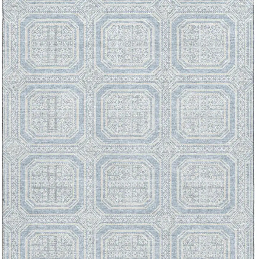 Sky Blue And Ivory Geometric Washable Area Rug With UV Protection Photo 3