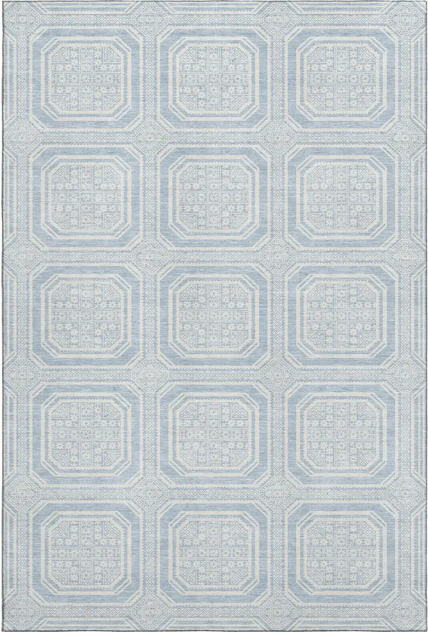 Sky Blue And Ivory Geometric Washable Area Rug With UV Protection Photo 1