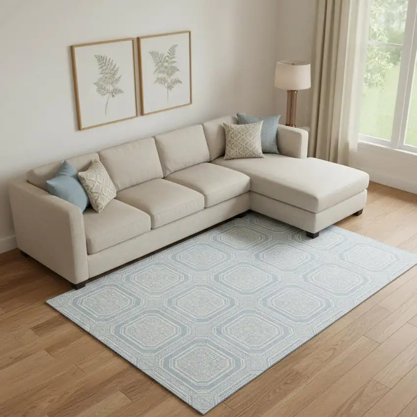 Sky Blue And Ivory Geometric Washable Area Rug With UV Protection Photo 2