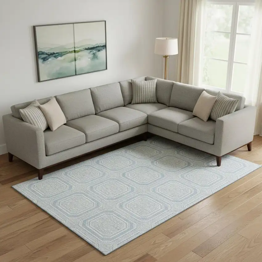 Sky Blue And Ivory Geometric Washable Area Rug With UV Protection Photo 2
