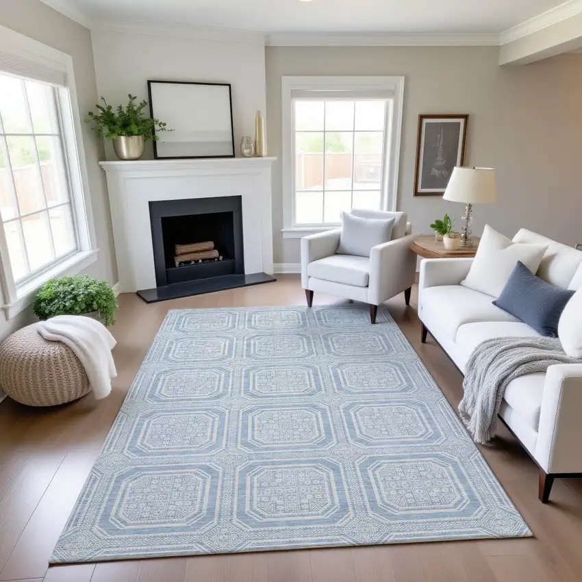 Sky Blue And Ivory Geometric Washable Area Rug With UV Protection Photo 4
