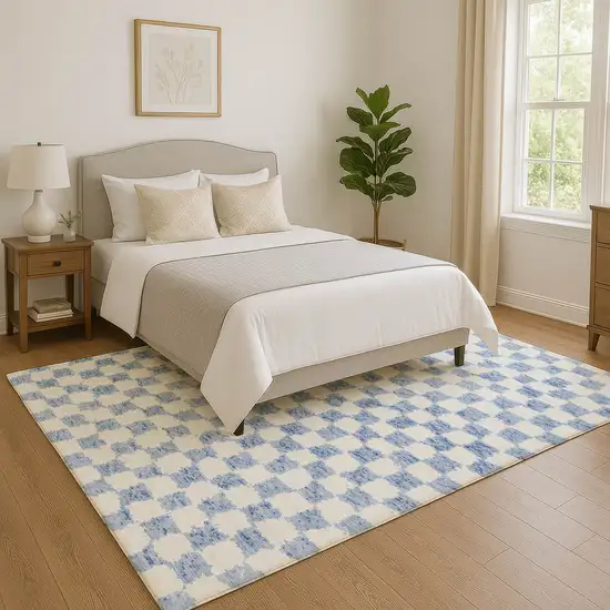 Sky Blue And Ivory Geometric Washable Area Rug With UV Protection Photo 5