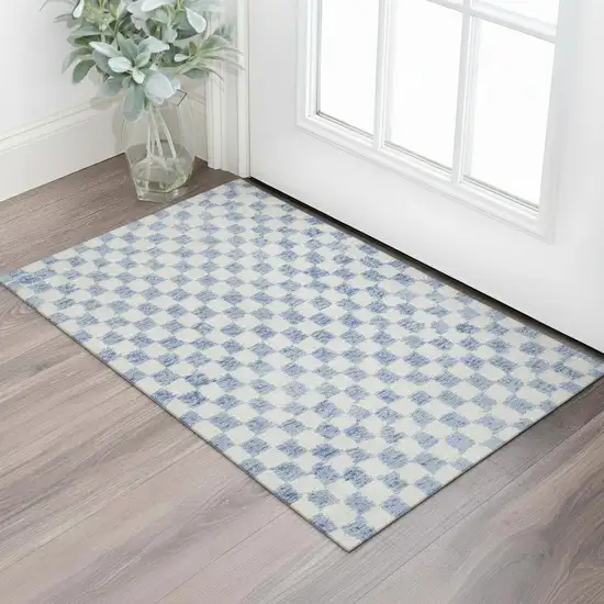 Sky Blue And Ivory Geometric Washable Area Rug With UV Protection Photo 2