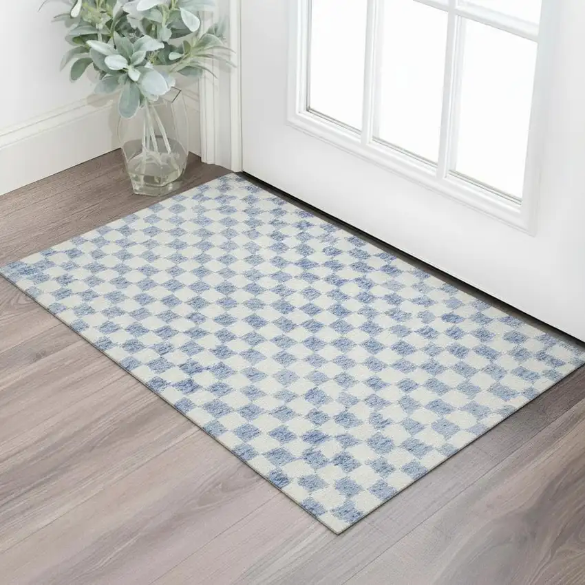 Sky Blue And Ivory Geometric Washable Area Rug With UV Protection Photo 2