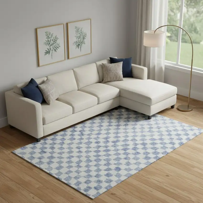 Sky Blue And Ivory Geometric Washable Area Rug With UV Protection Photo 2