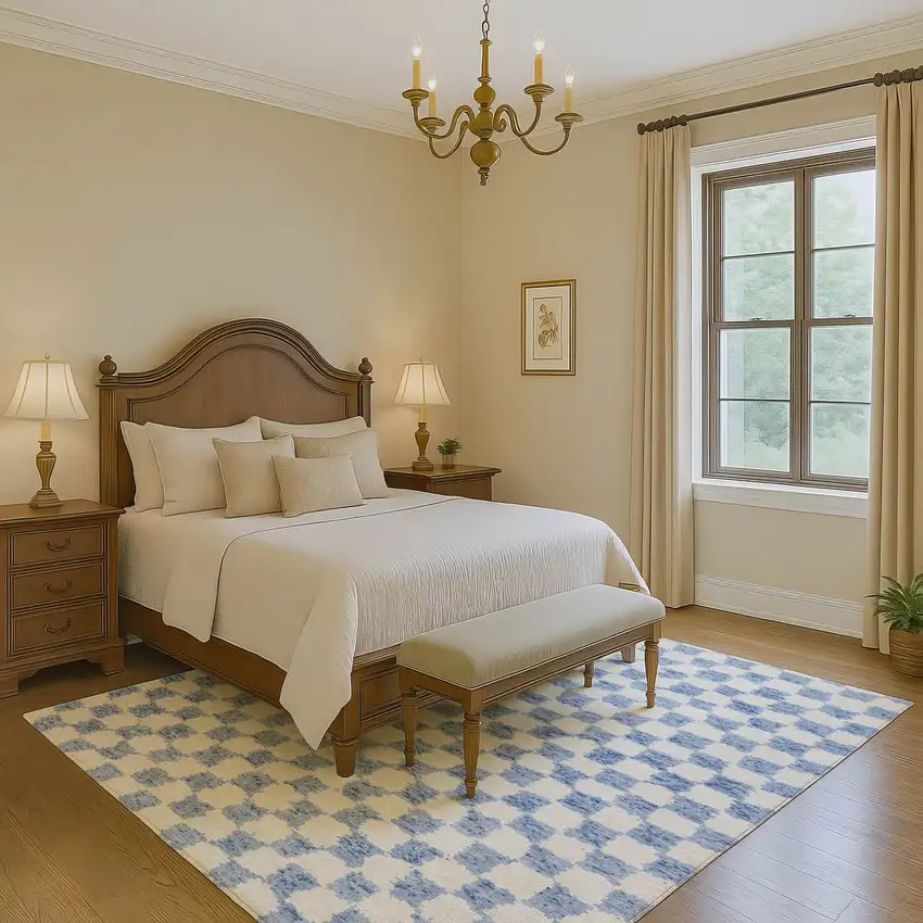 Sky Blue And Ivory Geometric Washable Area Rug With UV Protection Photo 6