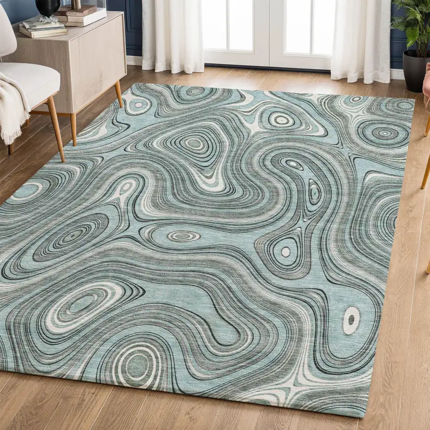 Sky Blue And Ivory Geometric Washable Area Rug With UV Protection Photo 6