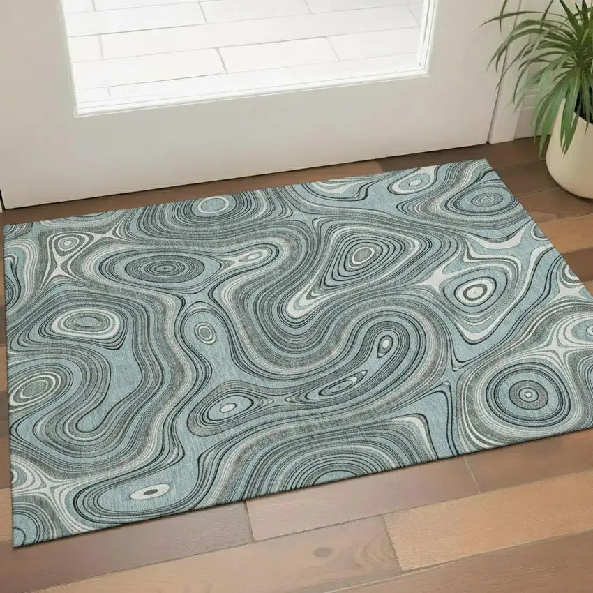 Sky Blue And Ivory Geometric Washable Area Rug With UV Protection Photo 2