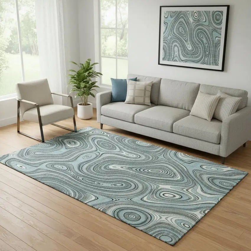 Sky Blue And Ivory Geometric Washable Area Rug With UV Protection Photo 2