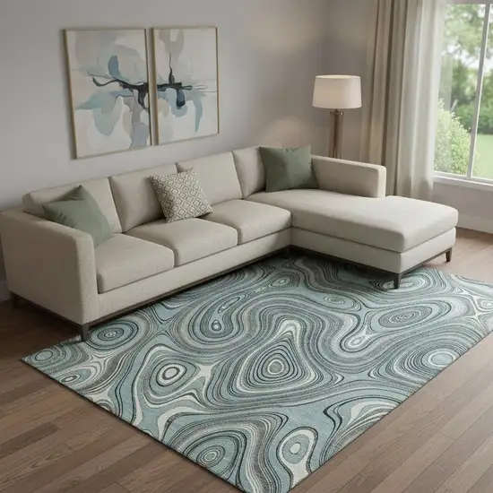 Sky Blue And Ivory Geometric Washable Area Rug With UV Protection Photo 2