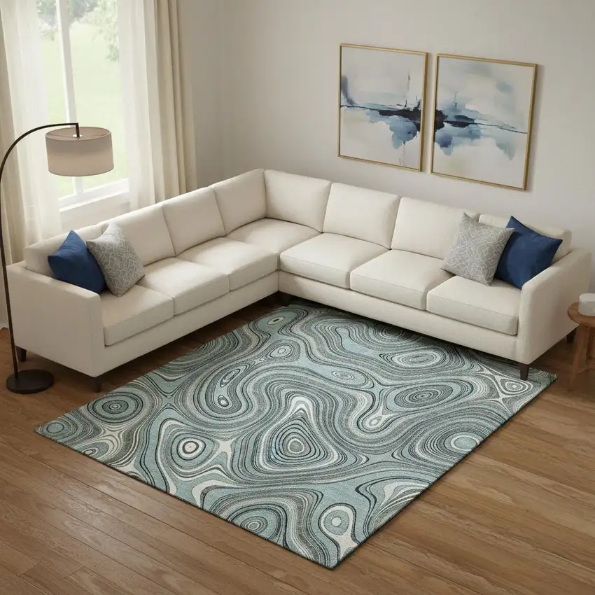 Sky Blue And Ivory Geometric Washable Area Rug With UV Protection Photo 2